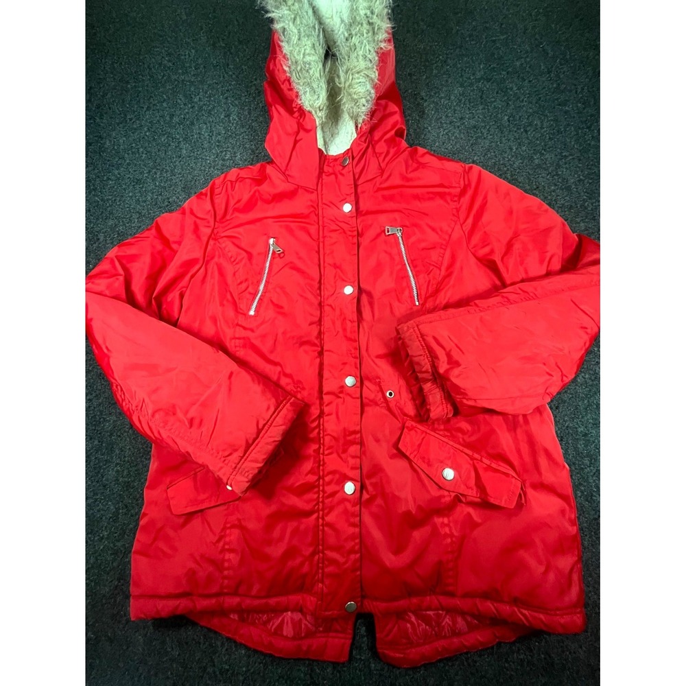 New Look Parka Jacket Women's Large Red Lined Pockets Faux Fur Hooded Snap Front